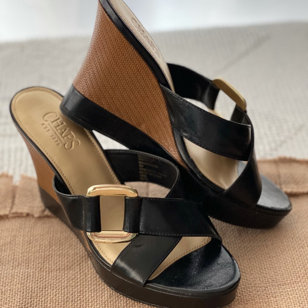 Chaps Wedge Sandal with Gold Buckle